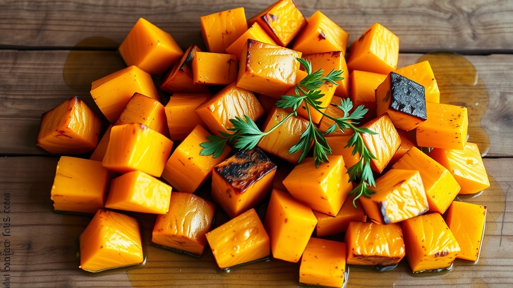 Savory Roasted Butternut Squash Recipe Cubes of roasted butternut squash garnished with fresh herbs on a wooden table.